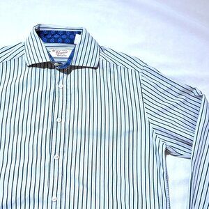 Penguin Munsingwear Men's Dress Shirt Large White/Navy Stripes French Cuffs 100%